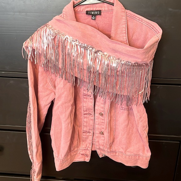 Timing Jackets & Blazers - Timing Pink Fringe Denim Jacket